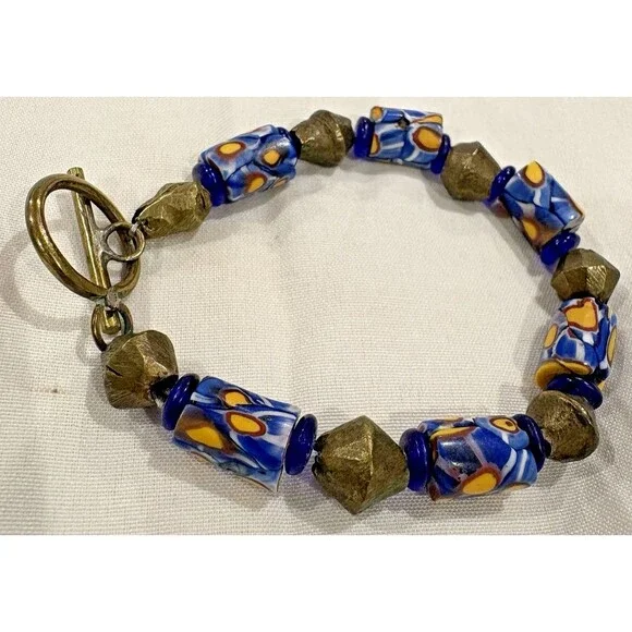 Bracelet Venetian Millefiori Glass African Trade Beads Yellow Blue Cylindrical - Picture 2 of 12